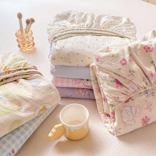 Washed Cotton Fitted Sheet with Elastic Bands Non Slip Adjustable Mattress Cover Printed Pure Cotton for Double King Queen
