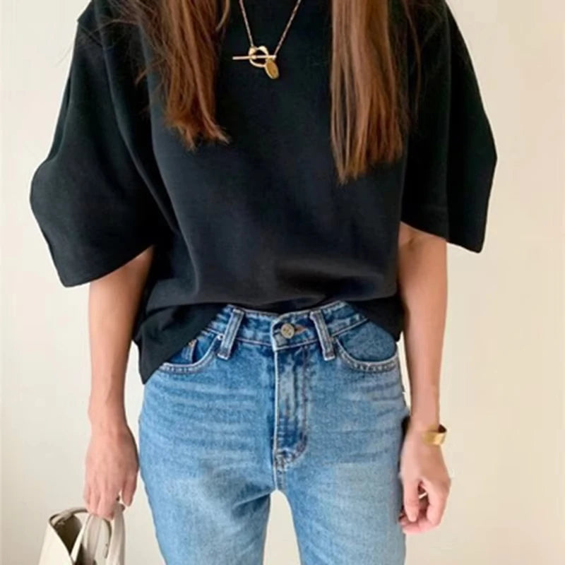 Cotton 2025 New Summer T-shirt Women's Elastic Women's Clothing Oversized Top White T-shirt Loose Women's Short-sleeved T-shirt