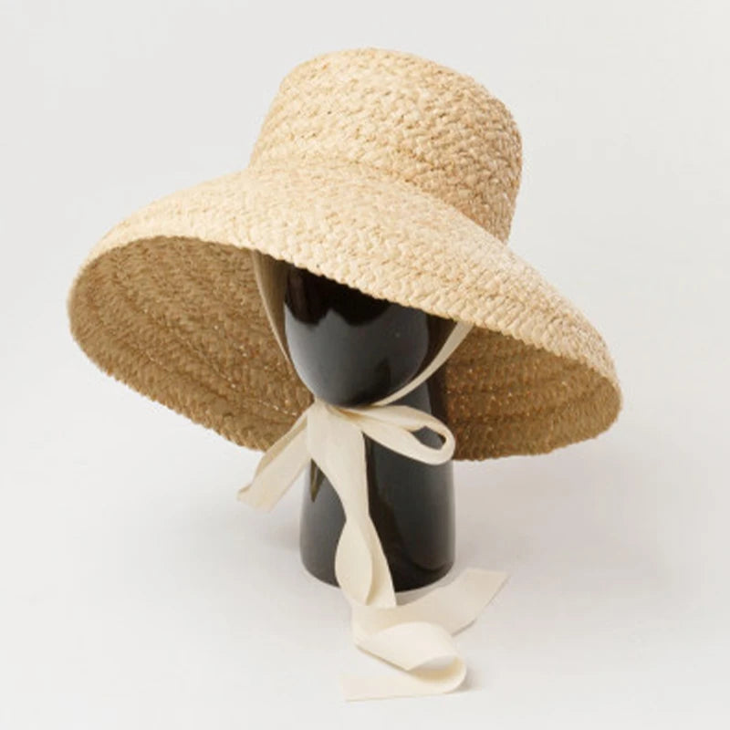 Hand-knitted Sun Hats Raffia Retro Summer Travel Sunscreen Beach Vacation Straw Hat with Lacing for Children Adult Holidays