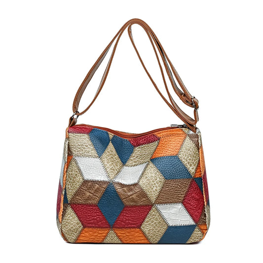 Women's Crossbody Shoulder Bag, Lightweight Geometric Pattern, Multi-Layer Design, Secure Zipper Closure, Colorful Accessories