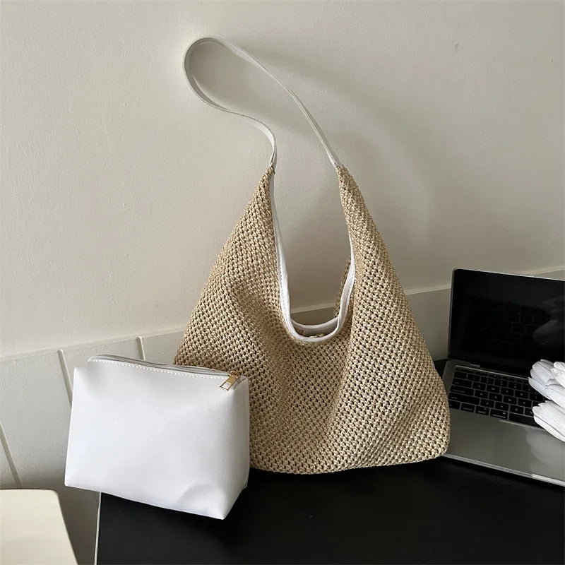 Casual Beach Summer Popular Woven Mother-in-law Bag 2024 Fashionable One-shoulder Seaside Travel Beach Straw Bag Drop Shipping