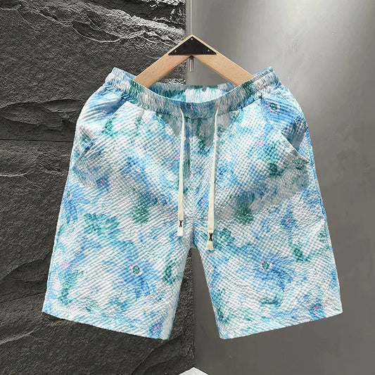 Casual Seersucker Texture Shorts Quick-Dry Breathable Straight Elastic Waist Printing Street Vacation Shorts Loose Fit Shorts