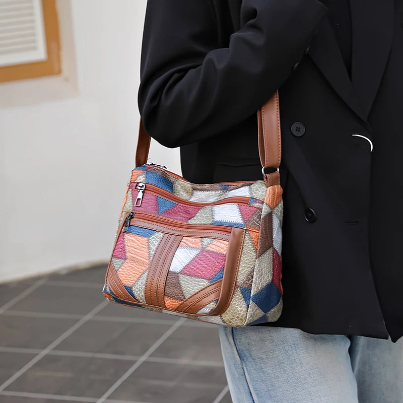 Women's Crossbody Shoulder Bag, Lightweight Geometric Pattern, Multi-Layer Design, Secure Zipper Closure, Colorful Accessories