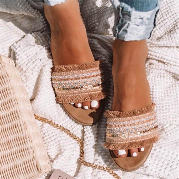 New Fashion Simple Fringed Slippers Flat Female Sandals