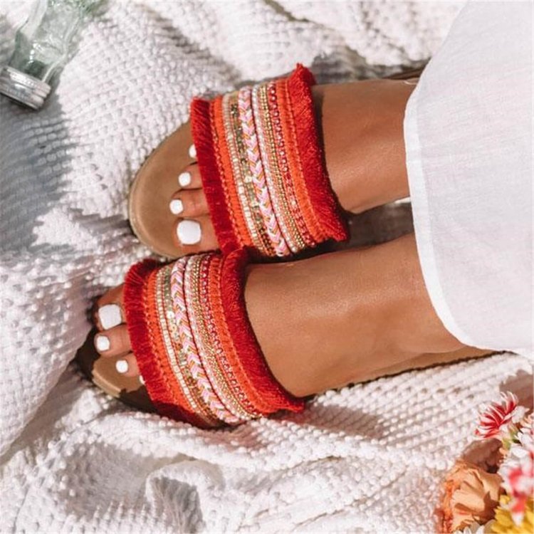 New Fashion Simple Fringed Slippers Flat Female Sandals