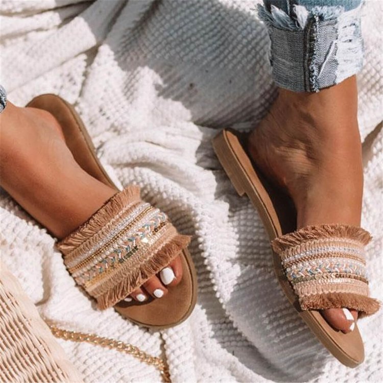 New Fashion Simple Fringed Slippers Flat Female Sandals