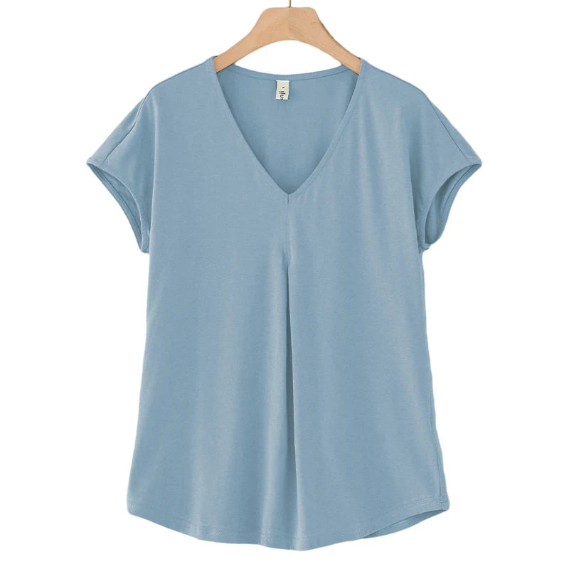Original Fashion Casual Women Cotton T-Shirts Short Sleeve V-neck Summer Loose Big Size Women Tees Top Yellow T-shirt M30395