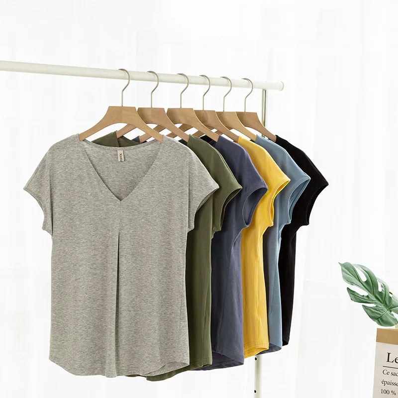 Original Fashion Casual Women Cotton T-Shirts Short Sleeve V-neck Summer Loose Big Size Women Tees Top Yellow T-shirt M30395