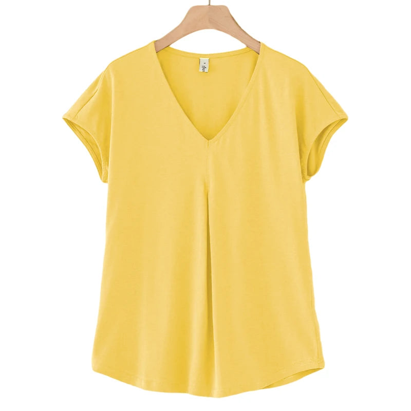 Original Fashion Casual Women Cotton T-Shirts Short Sleeve V-neck Summer Loose Big Size Women Tees Top Yellow T-shirt M30395