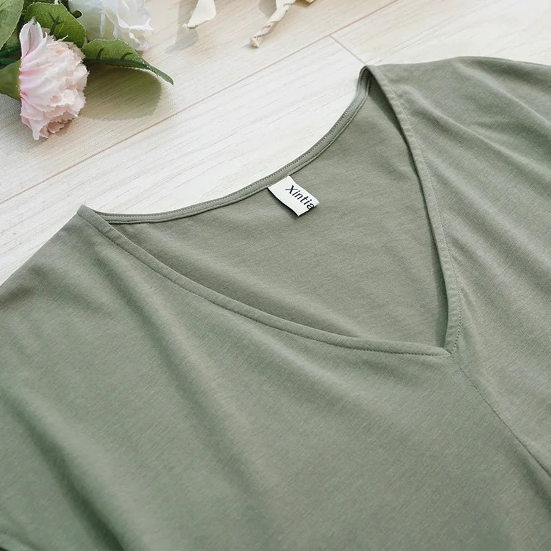 Original Fashion Casual Women Cotton T-Shirts Short Sleeve V-neck Summer Loose Big Size Women Tees Top Yellow T-shirt M30395