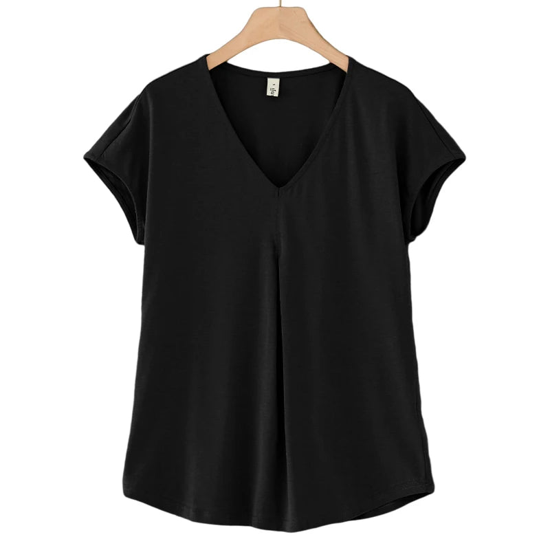 Original Fashion Casual Women Cotton T-Shirts Short Sleeve V-neck Summer Loose Big Size Women Tees Top Yellow T-shirt M30395