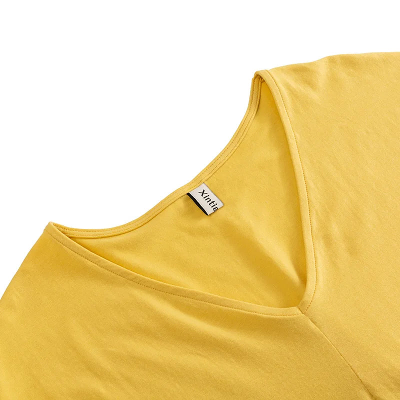 Original Fashion Casual Women Cotton T-Shirts Short Sleeve V-neck Summer Loose Big Size Women Tees Top Yellow T-shirt M30395