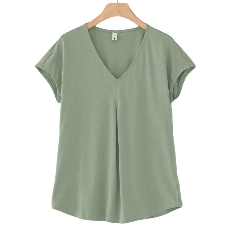 Original Fashion Casual Women Cotton T-Shirts Short Sleeve V-neck Summer Loose Big Size Women Tees Top Yellow T-shirt M30395