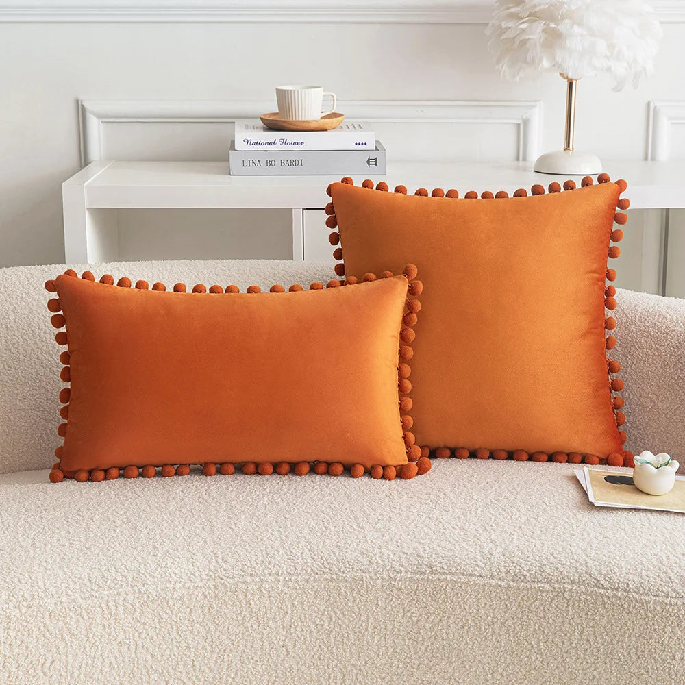 Velvet Throw Pillow Cover with Cute Pompom 30x50cm 45x45cm 50x50cm European Luxury Cushion Case for Christmas Gift Pillow Cover