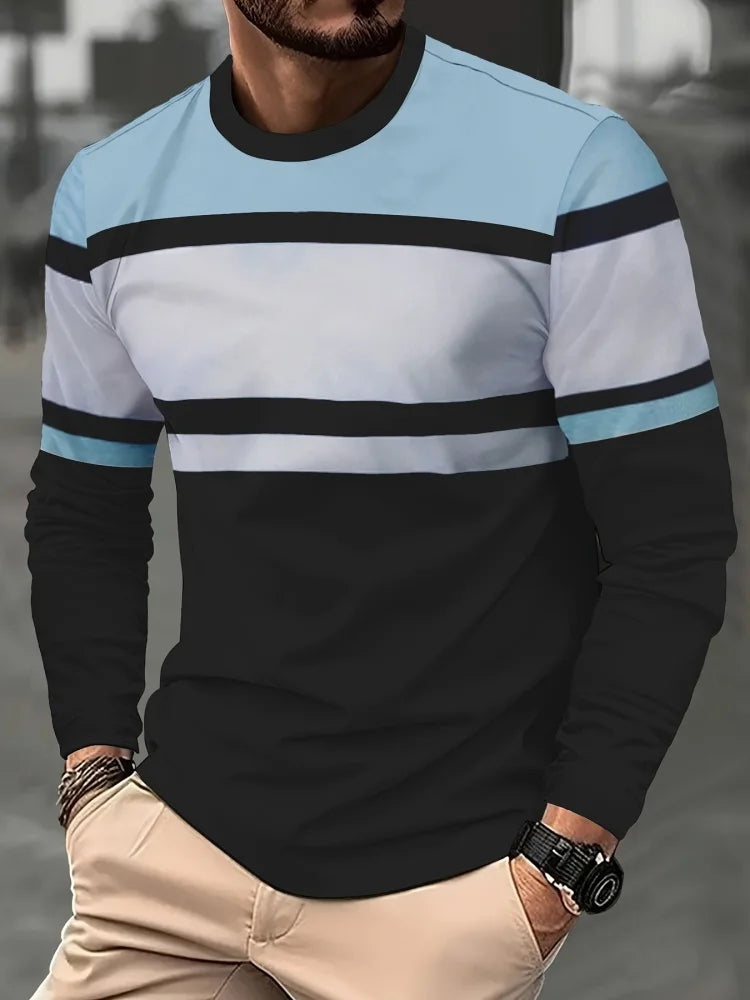 2025 New Men's Casual Long-sleeved Striped and Eagle Emblem Breathable Round-neck Long-sleeved T-shirt Multi-functional Clothing