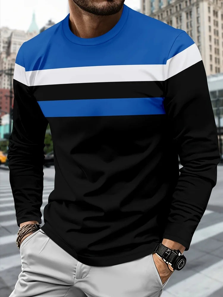 2025 New Men's Casual Long-sleeved Striped and Eagle Emblem Breathable Round-neck Long-sleeved T-shirt Multi-functional Clothing