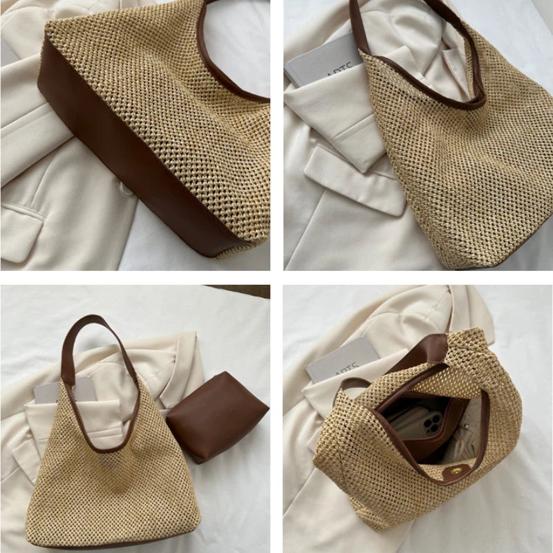 Casual Beach Summer Popular Woven Mother-in-law Bag 2024 Fashionable One-shoulder Seaside Travel Beach Straw Bag Drop Shipping