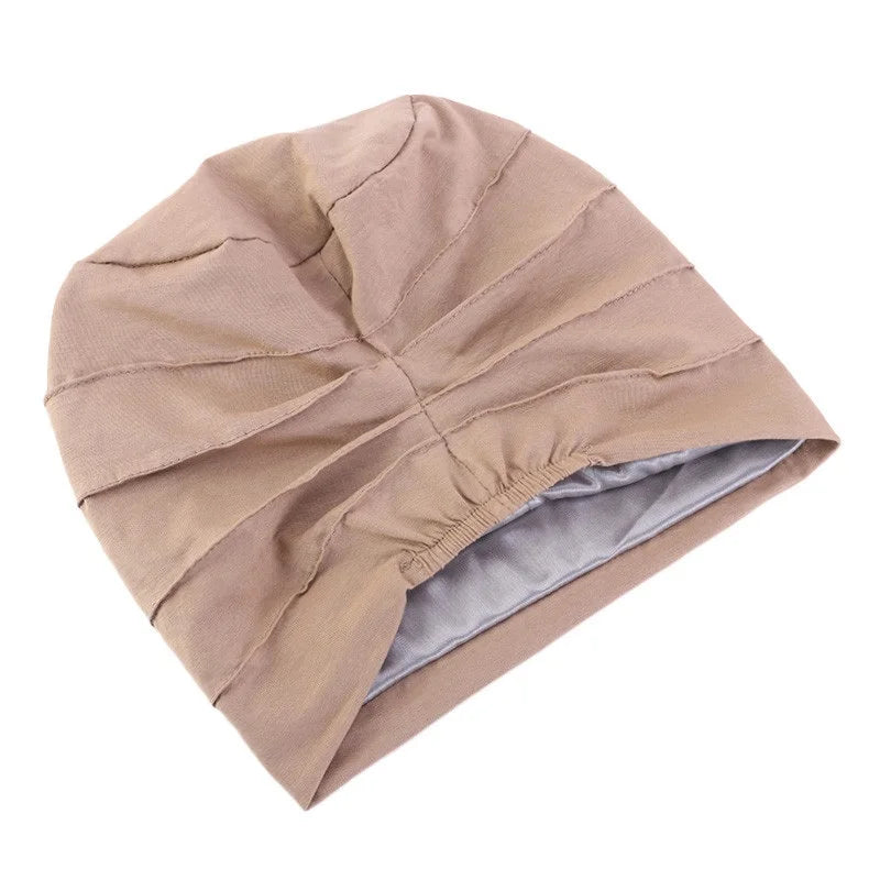 Women Stretch Beanie Chemo Cotton Hair Turban Hat Double-layer Soft Satin Lining Crinkled Hijab Inner Hijab Caps