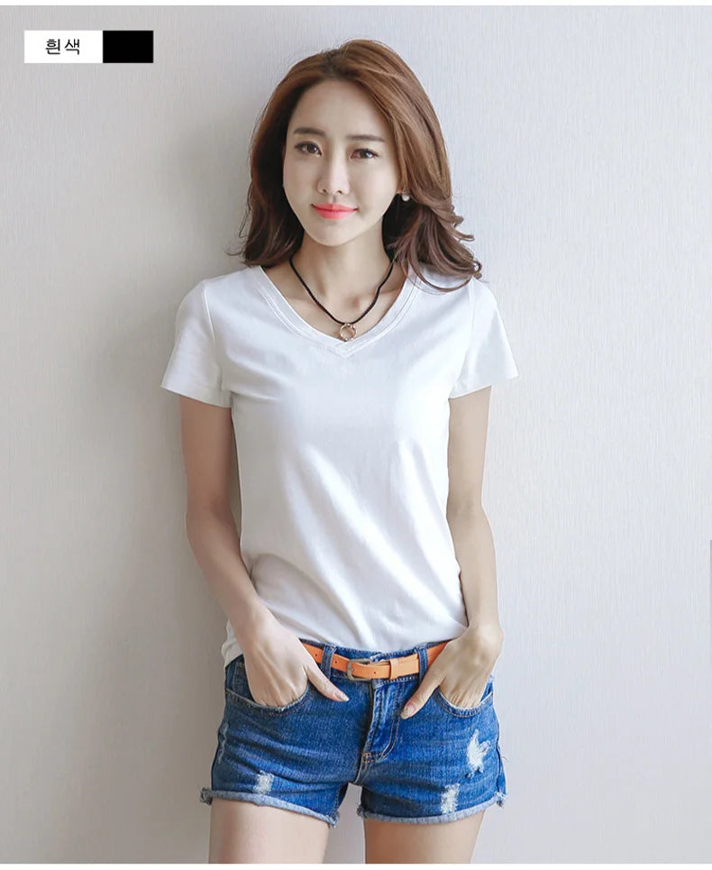 Spring Summer Women Cotton T-shirt Black V-Neck Short Sleeve Female Tee Slim White T-Shirt Casual Solid Lady Tshirt Tops