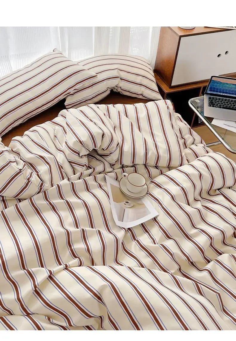 Simple Style Red And Blue Strip Duvet Cover Set Bed Sheet Set Washed Cotton Bedding Set