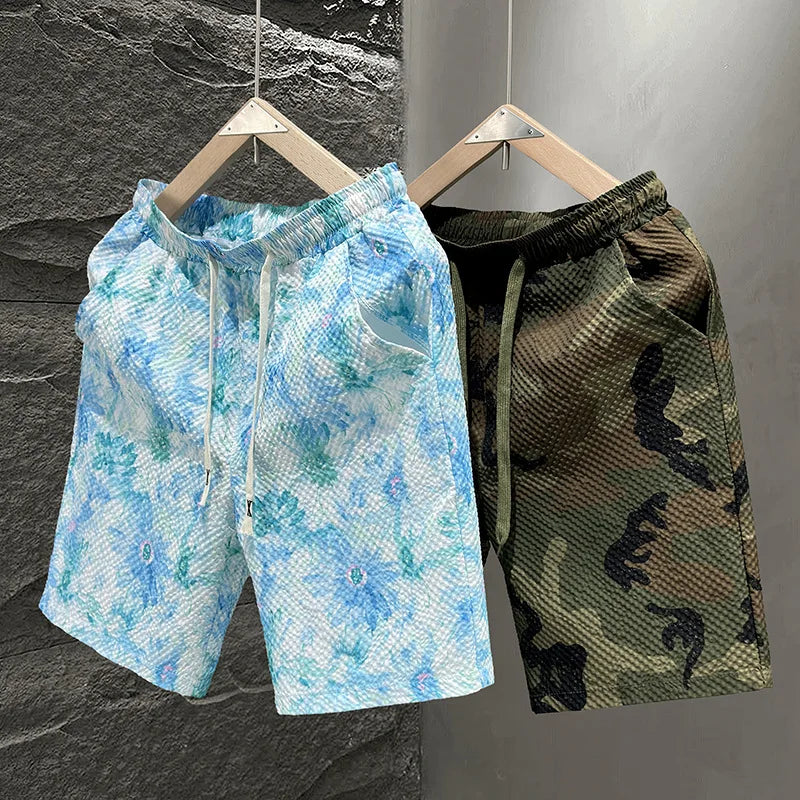 Casual Seersucker Texture Shorts Quick-Dry Breathable Straight Elastic Waist Printing Street Vacation Shorts Loose Fit Shorts