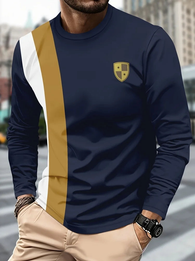 2025 New Men's Casual Long-sleeved Striped and Eagle Emblem Breathable Round-neck Long-sleeved T-shirt Multi-functional Clothing