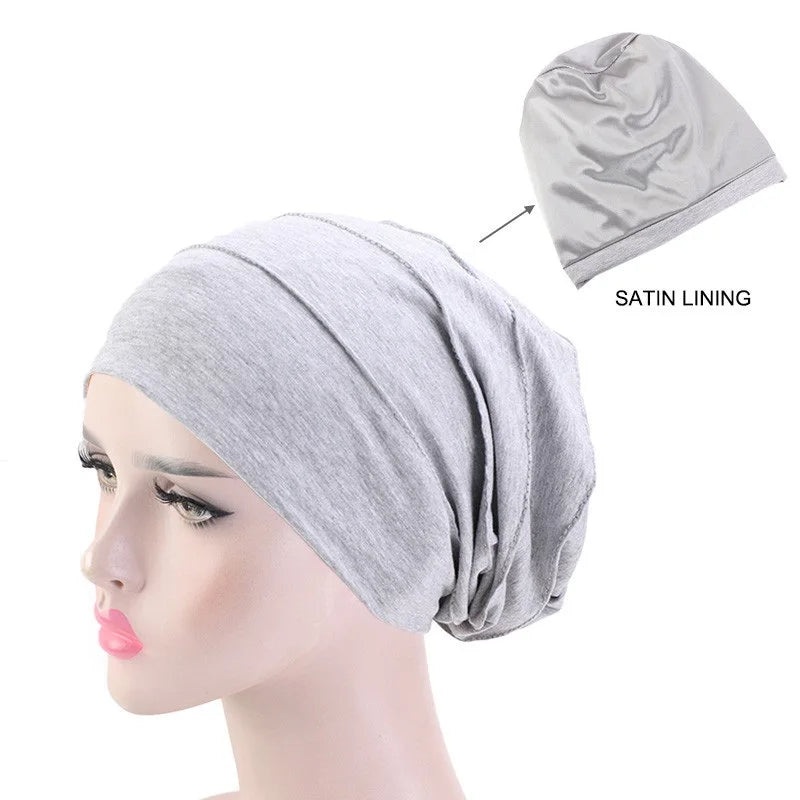 Women Stretch Beanie Chemo Cotton Hair Turban Hat Double-layer Soft Satin Lining Crinkled Hijab Inner Hijab Caps