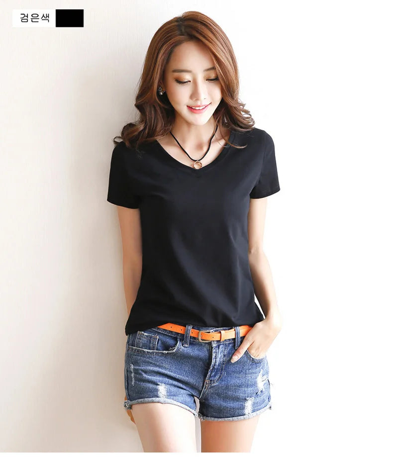 Spring Summer Women Cotton T-shirt Black V-Neck Short Sleeve Female Tee Slim White T-Shirt Casual Solid Lady Tshirt Tops