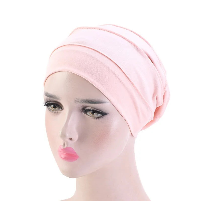 Women Stretch Beanie Chemo Cotton Hair Turban Hat Double-layer Soft Satin Lining Crinkled Hijab Inner Hijab Caps