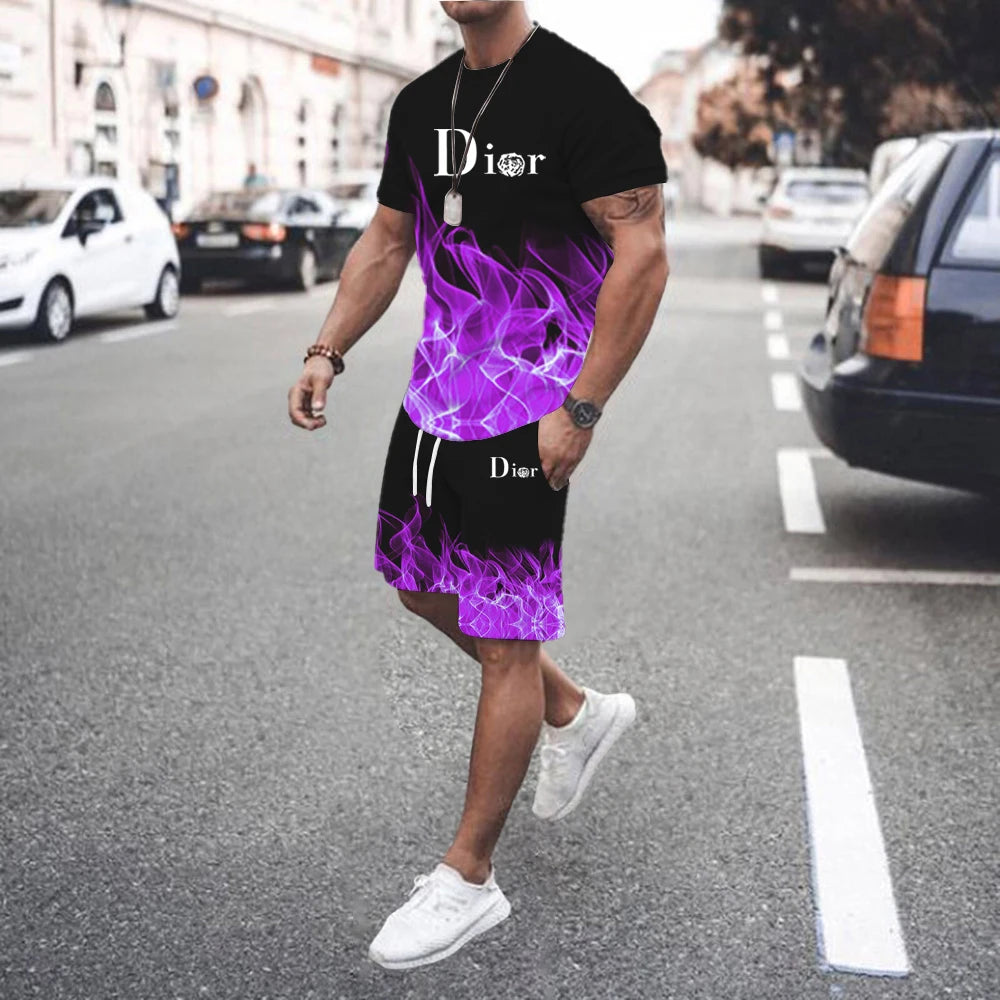 2026 Fashion Summer T Shirt Set for Men StripedPrint Men's T-shirt Short Sleeve+Shorts 2-Piece Set Oversized Casual Sport Suit