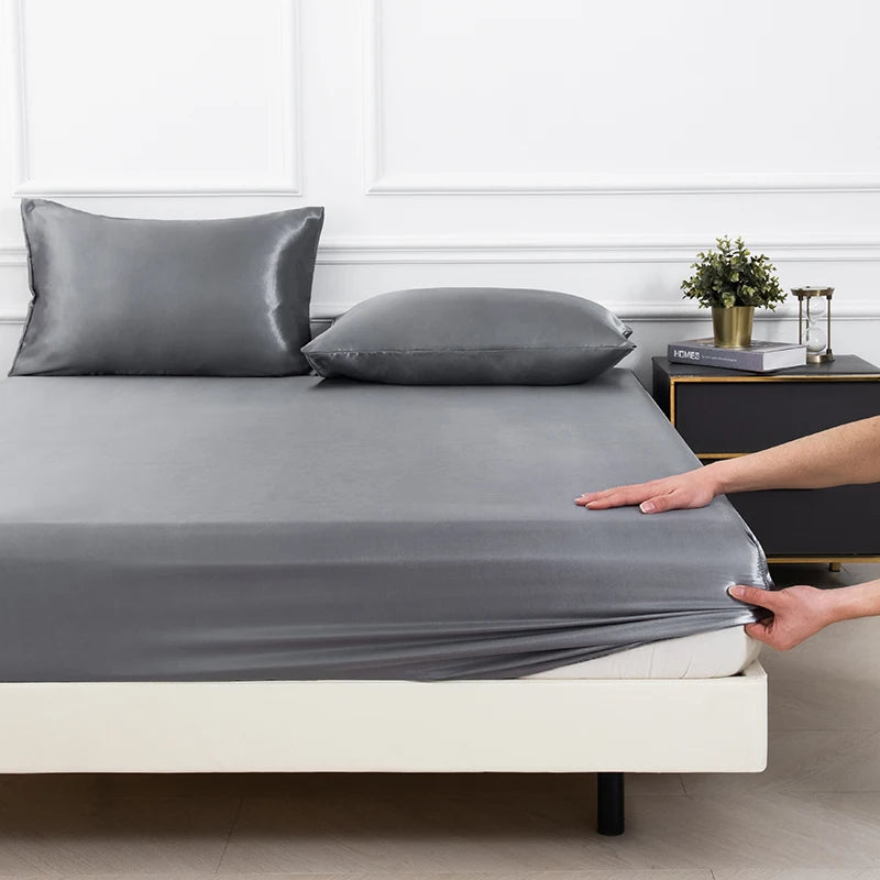 3pc Solid Color Fitted Sheet Set 1 bed sheet with 2 pillow cover Satin Fabric Soft Comfortable Breathble Bedding Set for Bedroom