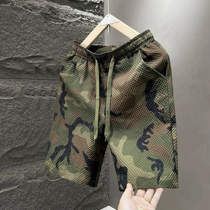 Casual Seersucker Texture Shorts Quick-Dry Breathable Straight Elastic Waist Printing Street Vacation Shorts Loose Fit Shorts