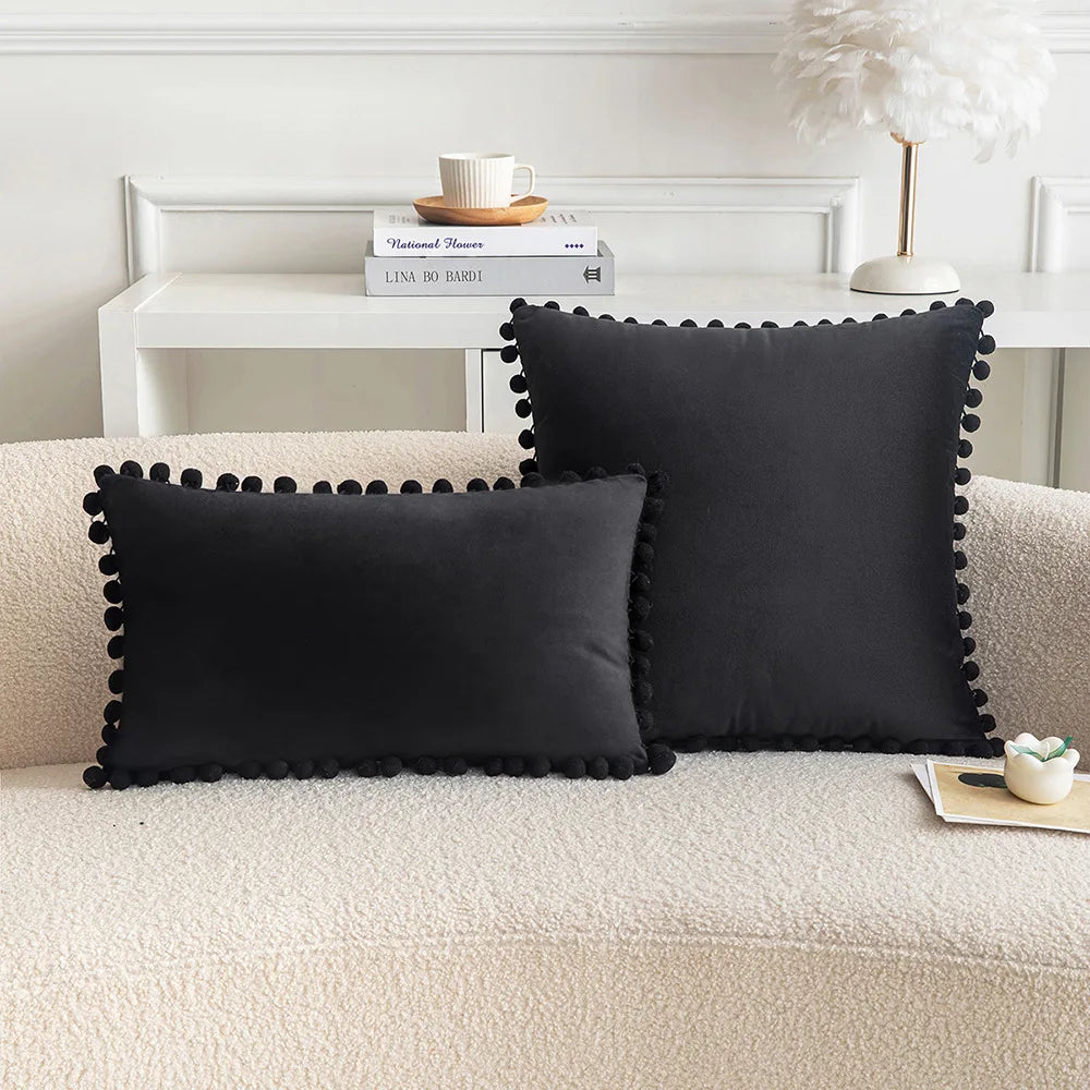 Velvet Throw Pillow Cover with Cute Pompom 30x50cm 45x45cm 50x50cm European Luxury Cushion Case for Christmas Gift Pillow Cover