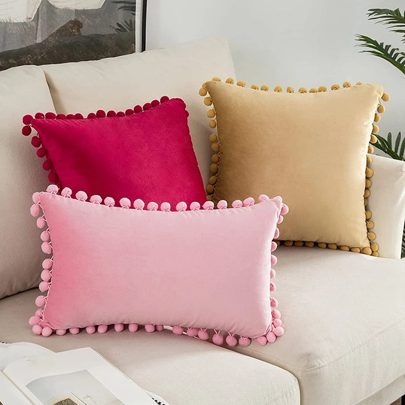 Velvet Throw Pillow Cover with Cute Pompom 30x50cm 45x45cm 50x50cm European Luxury Cushion Case for Christmas Gift Pillow Cover