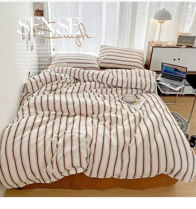 Simple Style Red And Blue Strip Duvet Cover Set Bed Sheet Set Washed Cotton Bedding Set