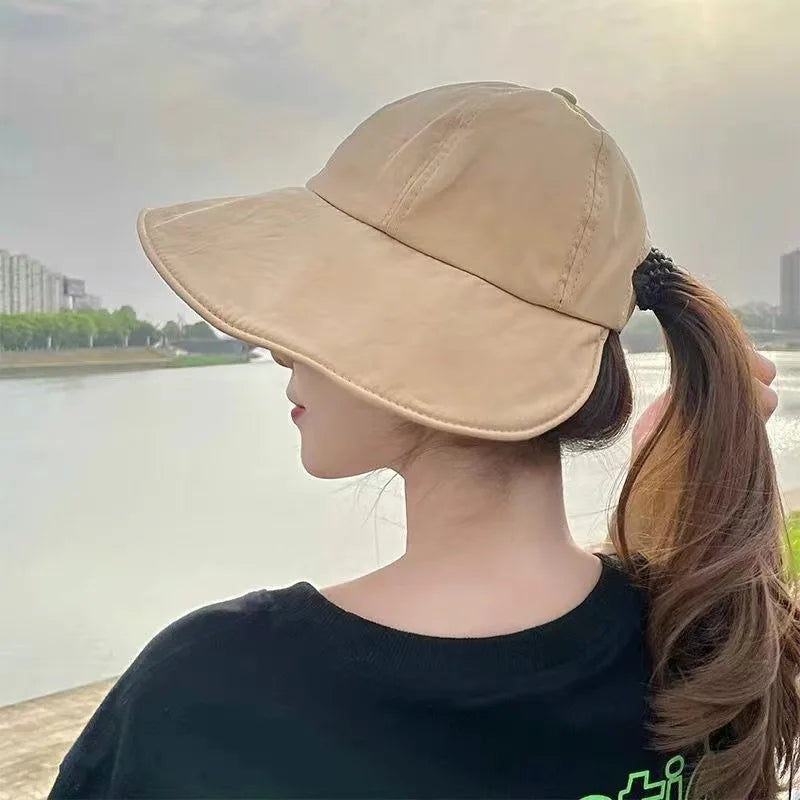 Women Summer Sunhat Cotton Ponytail Bucket Hat Outdoor Beach Adjustable Sun Visor Hats Solid Color Foldable Panama Fisherman Cap