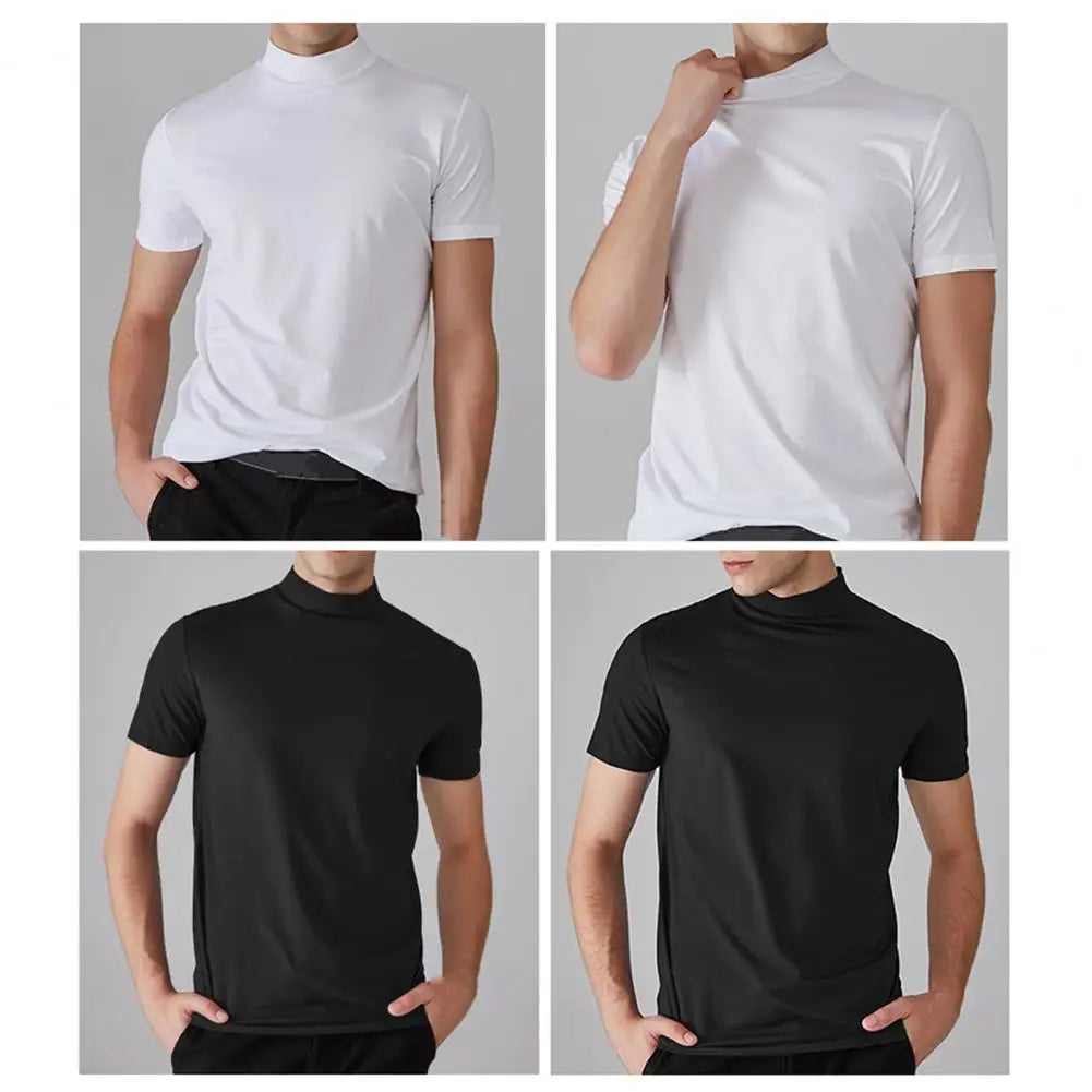 Men Half High Collar Slim Fit T-shirt Summer Casual Short Sleeve Solid Color Elastic Thin Pullover Tee Shirt Half Turtleneck Top