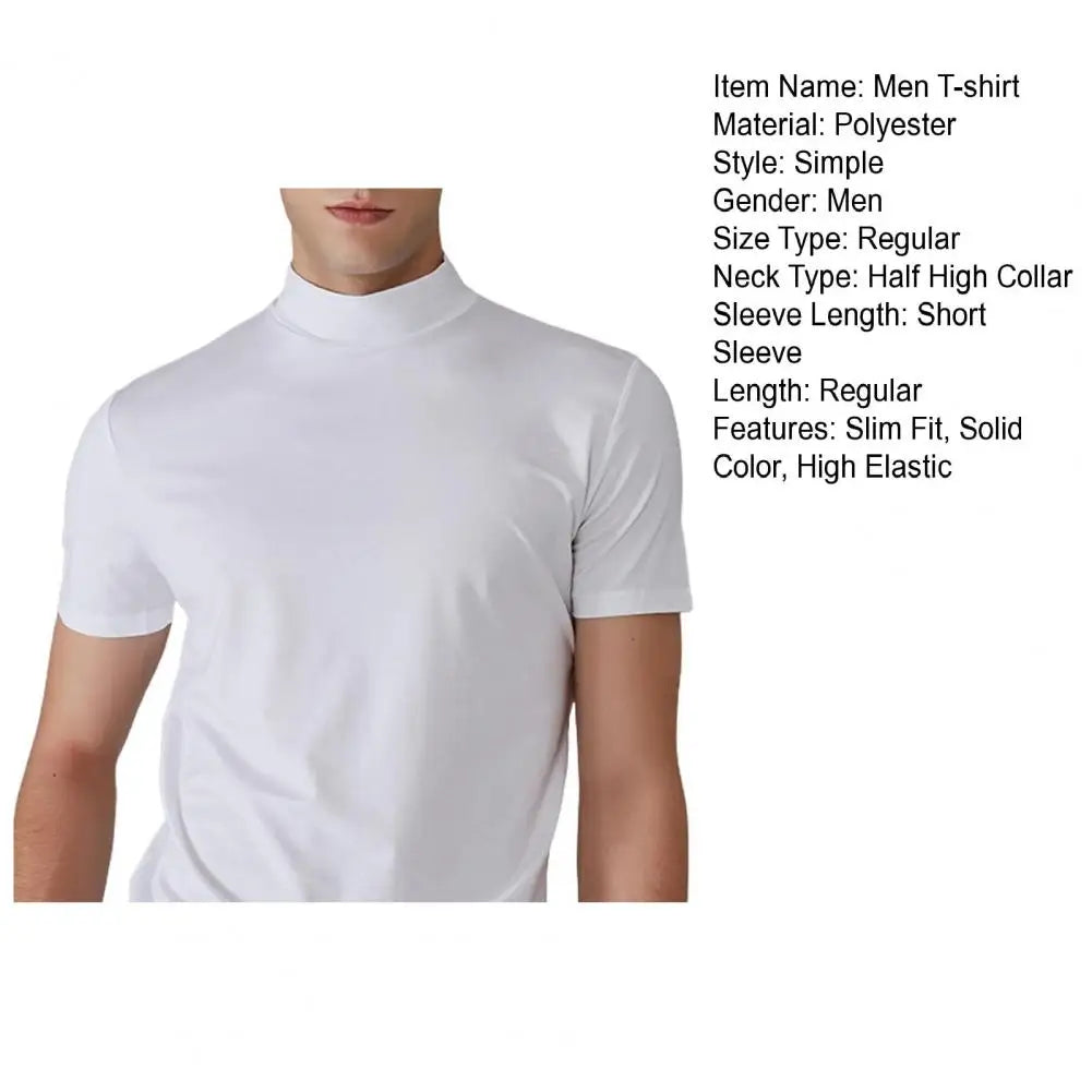 Men Half High Collar Slim Fit T-shirt Summer Casual Short Sleeve Solid Color Elastic Thin Pullover Tee Shirt Half Turtleneck Top