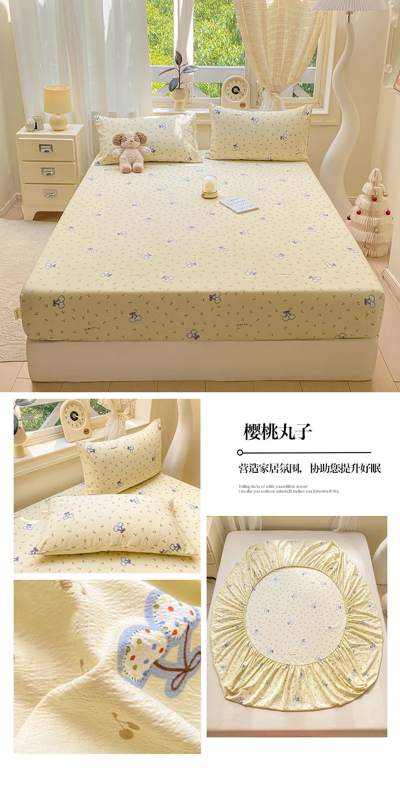 Washed Cotton Fitted Sheet with Elastic Bands Non Slip Adjustable Mattress Cover Printed  Pure Cotton  for Double King Queen