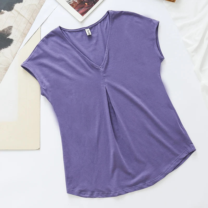 Original Fashion Casual Women Cotton T-Shirts Short Sleeve V-neck Summer Loose Big Size Women Tees Top Yellow T-shirt M30395