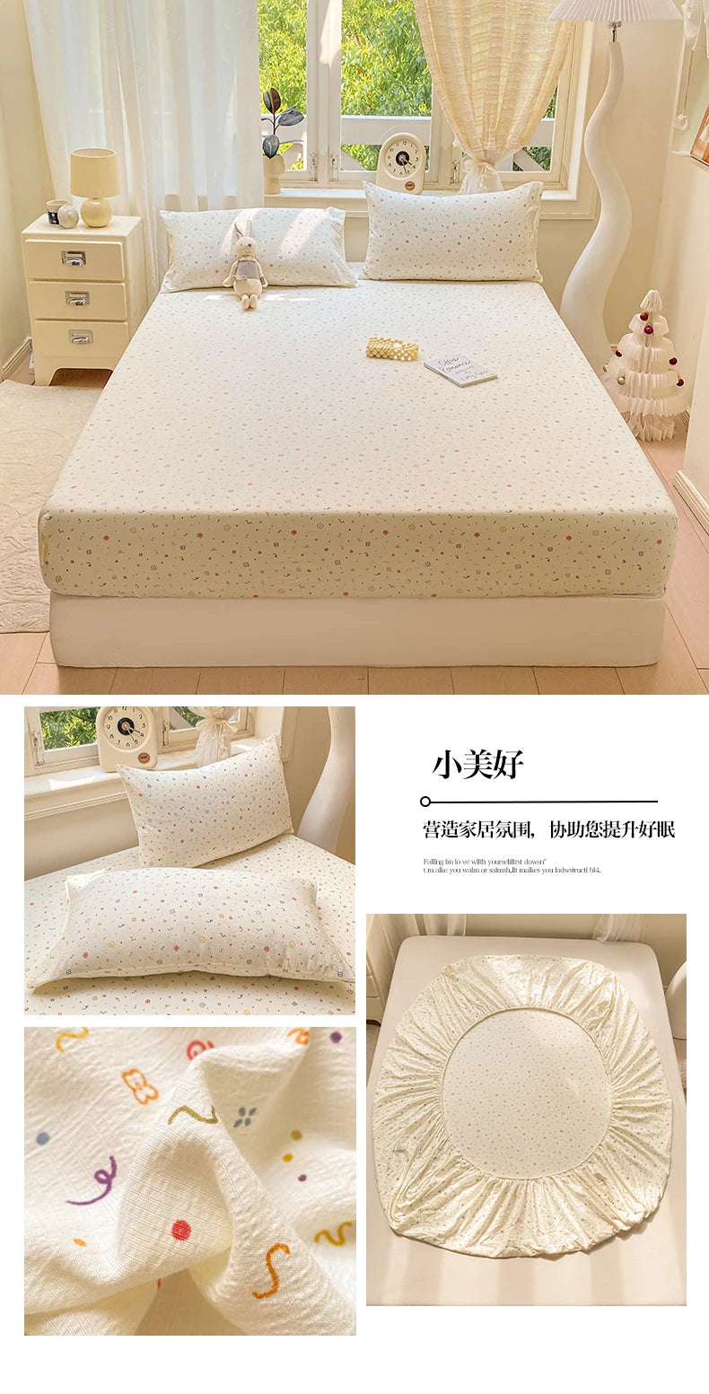 Washed Cotton Fitted Sheet with Elastic Bands Non Slip Adjustable Mattress Cover Printed  Pure Cotton  for Double King Queen