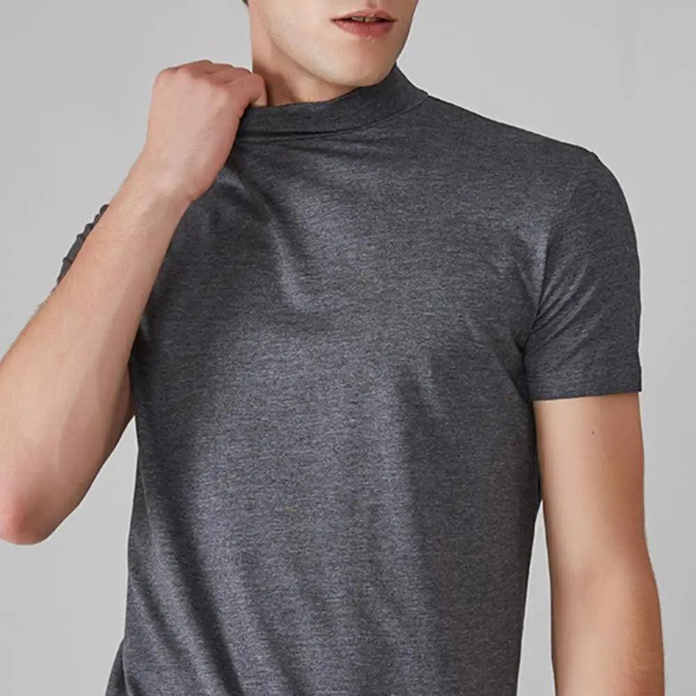 Men Half High Collar Slim Fit T-shirt Summer Casual Short Sleeve Solid Color Elastic Thin Pullover Tee Shirt Half Turtleneck Top