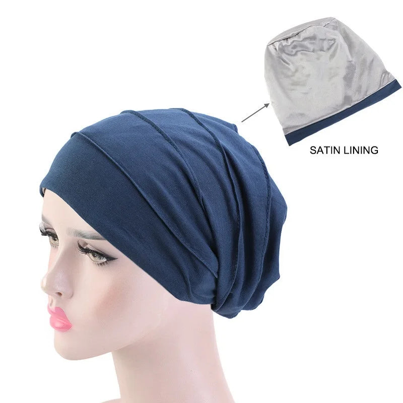 Women Stretch Beanie Chemo Cotton Hair Turban Hat Double-layer Soft Satin Lining Crinkled Hijab Inner Hijab Caps