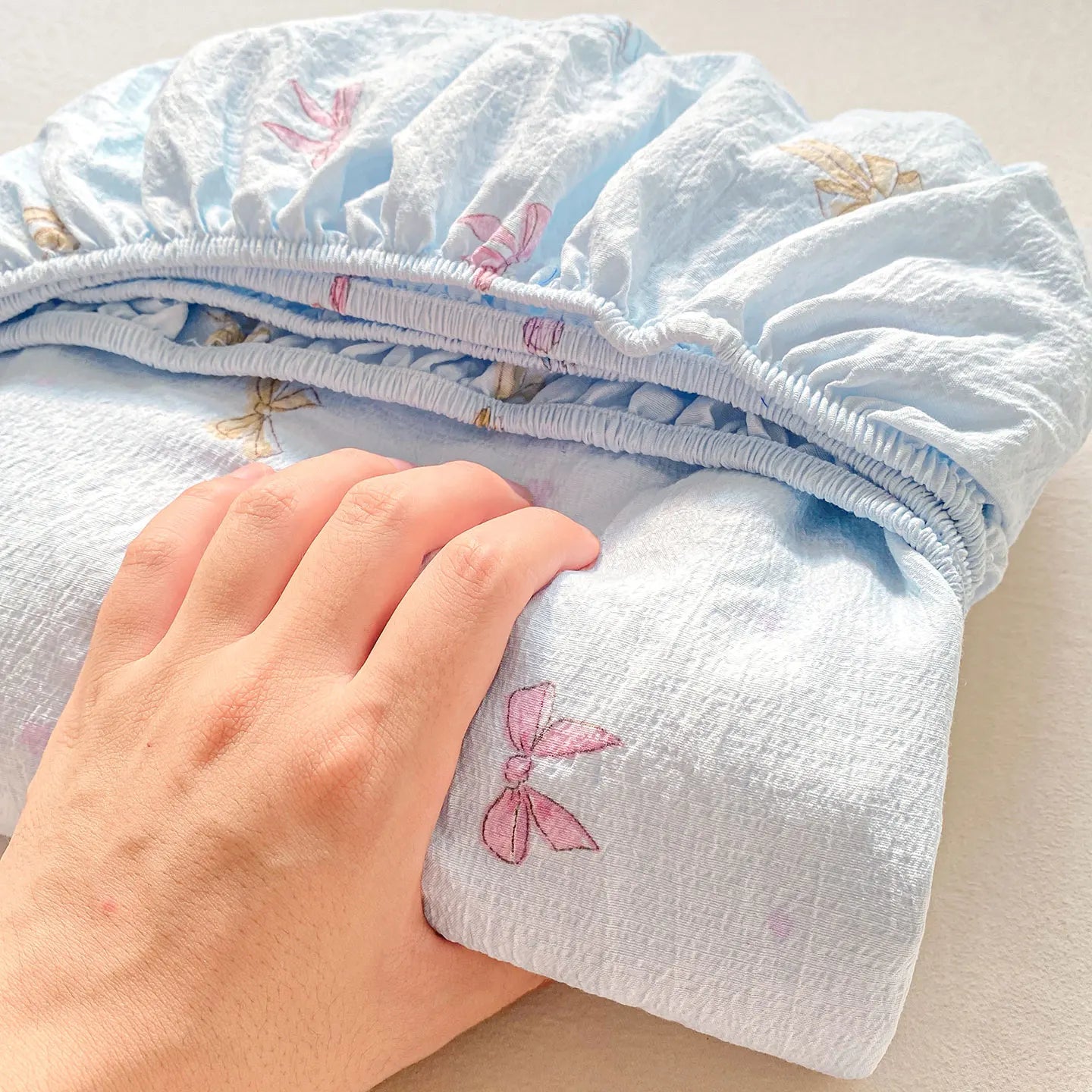 Washed Cotton Fitted Sheet with Elastic Bands Non Slip Adjustable Mattress Cover Printed  Pure Cotton  for Double King Queen