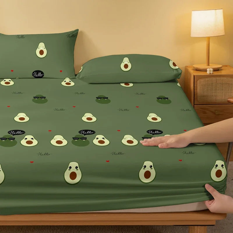 1 Cartoon Cute Avocado doll printed matte Fitted Sheet, bedroom printed bed cover, bedding (excluding pillowcases)