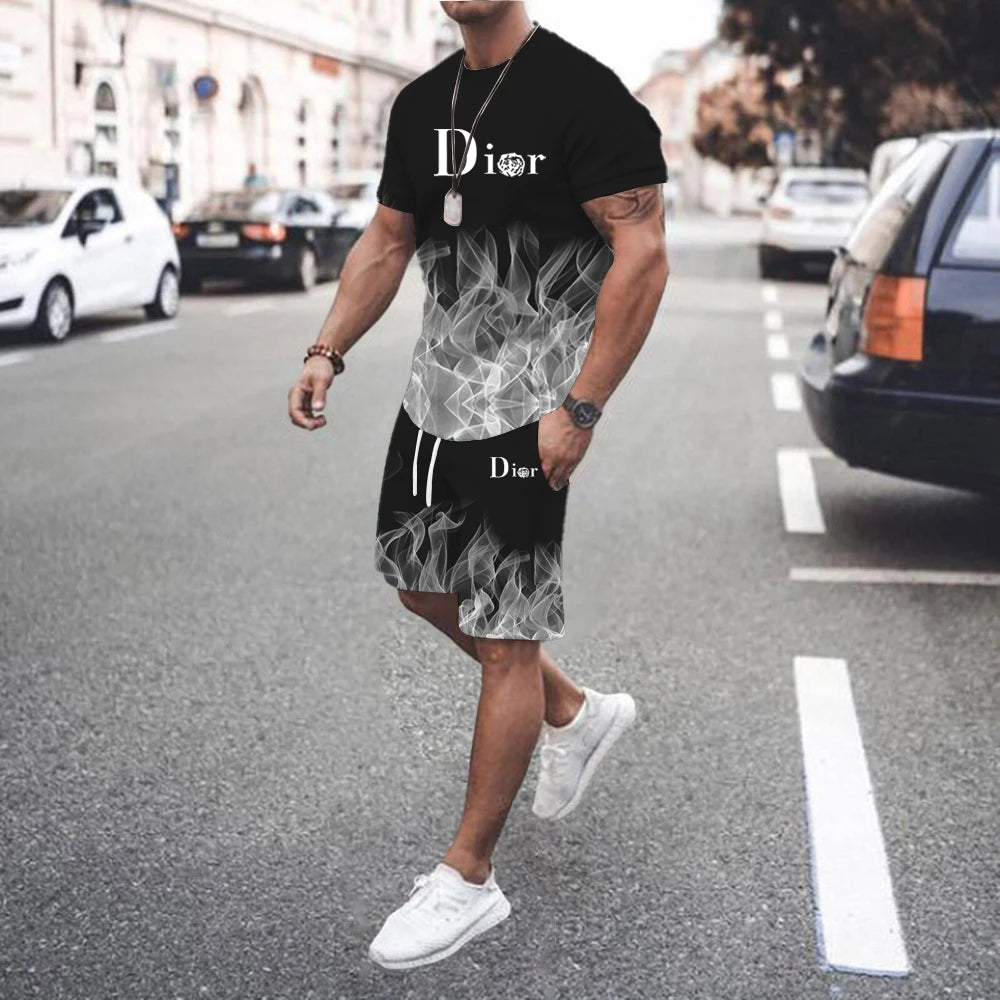 2026 Fashion Summer T Shirt Set for Men StripedPrint Men's T-shirt Short Sleeve+Shorts 2-Piece Set Oversized Casual Sport Suit