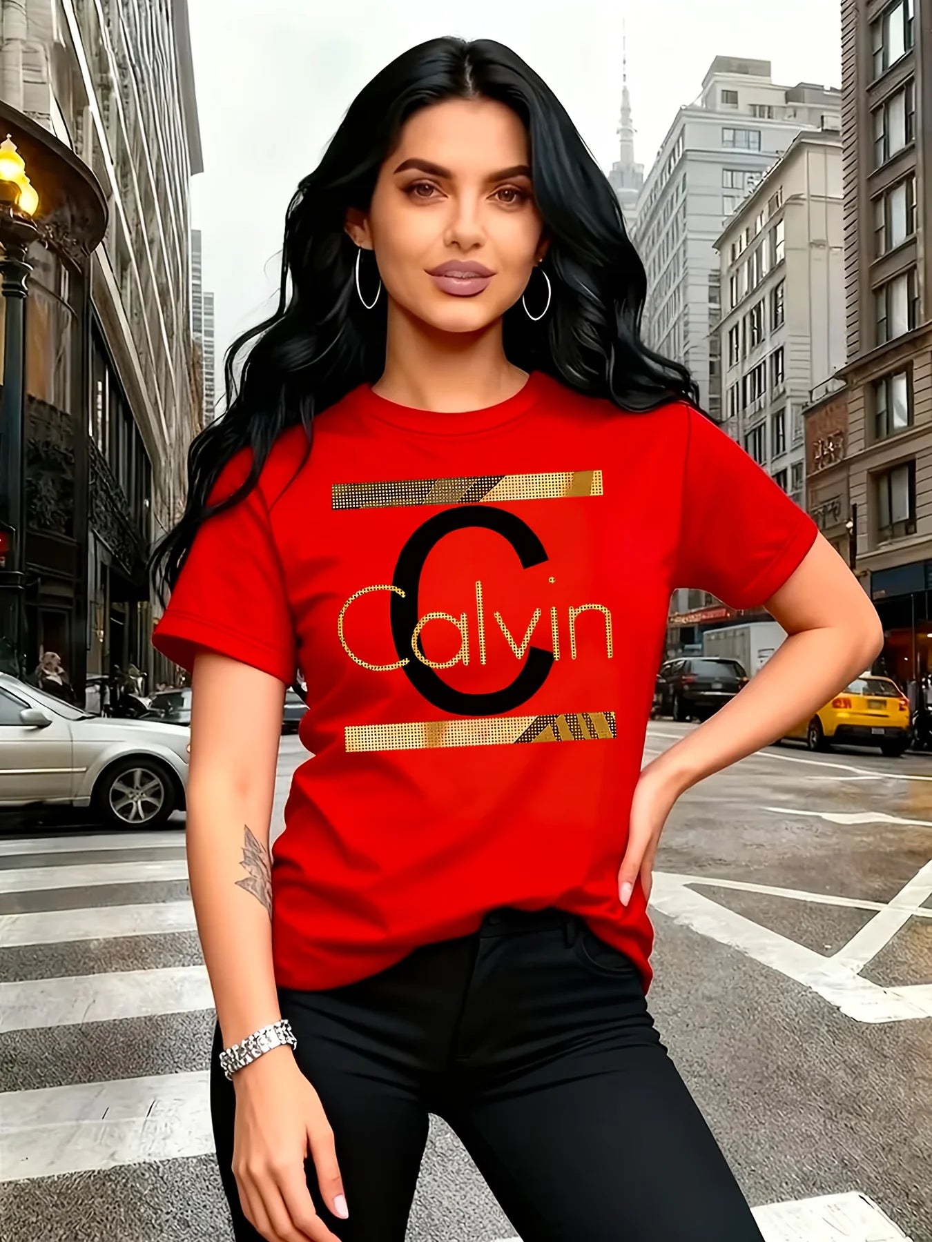 Calvin Letter Print Women's Tee - Gold Graphic Green Casual Top