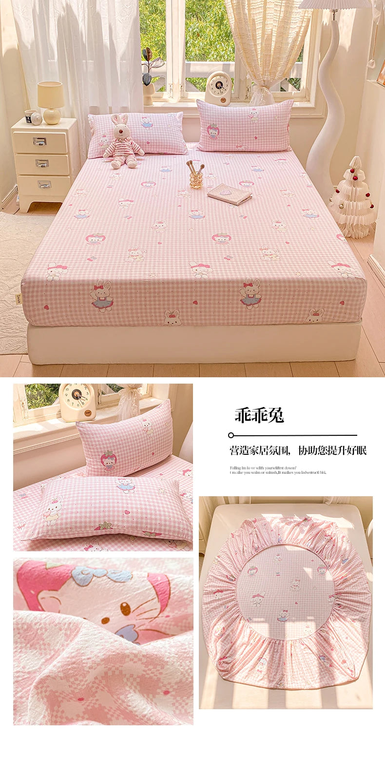 Washed Cotton Fitted Sheet with Elastic Bands Non Slip Adjustable Mattress Cover Printed  Pure Cotton  for Double King Queen