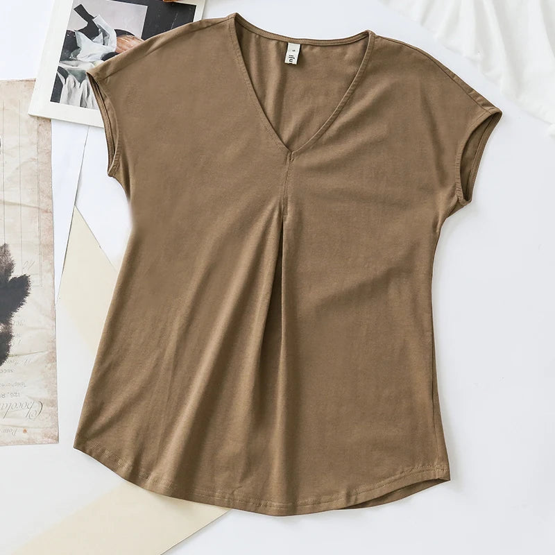 Original Fashion Casual Women Cotton T-Shirts Short Sleeve V-neck Summer Loose Big Size Women Tees Top Yellow T-shirt M30395