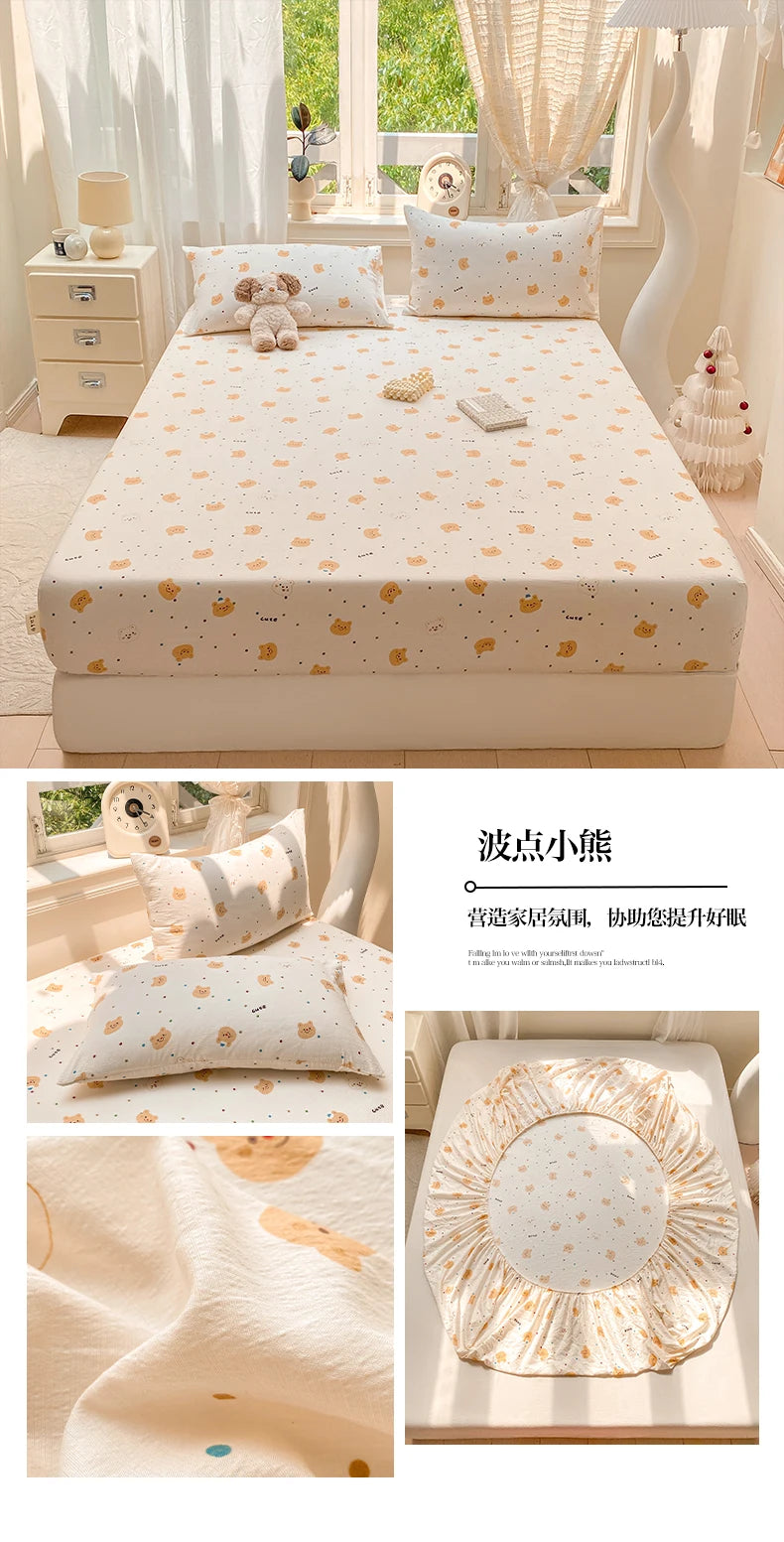 Washed Cotton Fitted Sheet with Elastic Bands Non Slip Adjustable Mattress Cover Printed  Pure Cotton  for Double King Queen